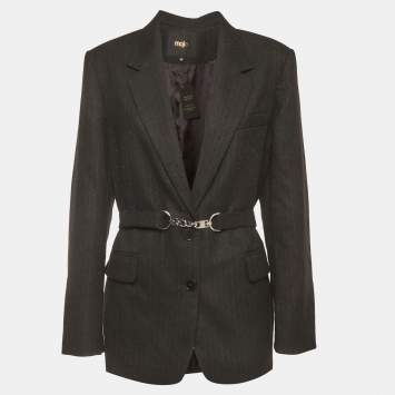 Pre Owned Maje Black Rhinestone Embellished Gabardine Belted Suit Jacket L