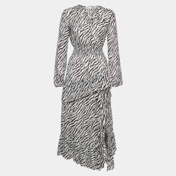 Pre Owned Maje Black/White Zebra Print Lurex Crepe Ruffled Maxi Dress S