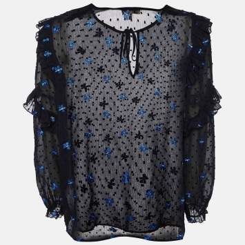 Pre Owned Maje Black Dotted Embroidered Crepe Ruffled Top L