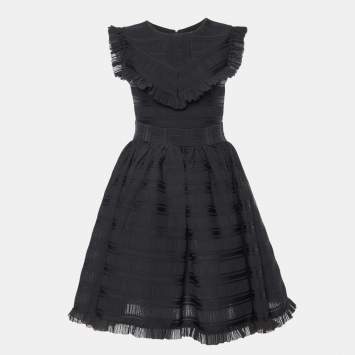 Pre Owned Maje Black Patterned Jersey Ruffled Mini Dress S