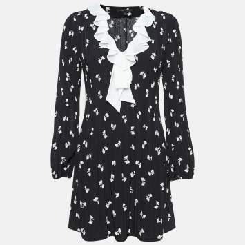Pre Owned Maje Black Bow Print Plisse Ruffled Rockale Mini Dress M