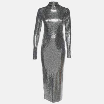 Pre Owned Maje Silver/Black Sequin High Neck Midi Dress S