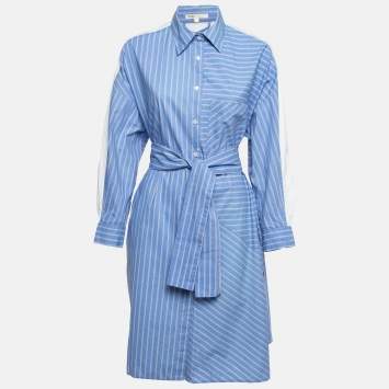 Pre Owned Maje Blue Pinstripe Cotton Belted Shirt Dress M