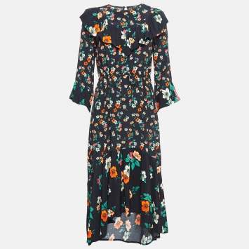 Pre Owned Maje Black Floral Print Crepe Ruffled Midi Dress M