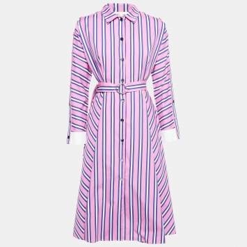 Pre Owned Maje Pink Stripe Cotton Button Front Belted Midi Dress S