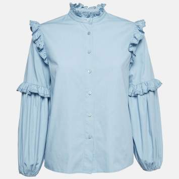 Pre Owned Maje Blue Cotton Lace Ruffle Detail Shirt M