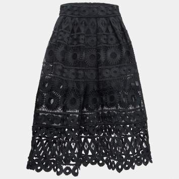 Pre Owned Maje Black Mesh & Lace Midi Skirt L
