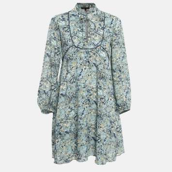 Pre Owned Maje Blue Printed Crepe Neck Tie-Up Mini Dress XS