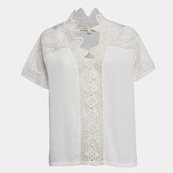 Pre Owned Maje White Crepe Lace Trim Top XL