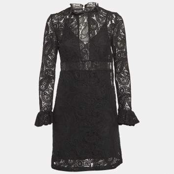 Pre Owned Maje Black Paisley Pattern Lace Mini Dress S