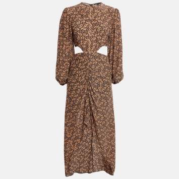 Pre Owned Maje Brown Paisley Print Silk Blend Cut-Out Ruched Maxi Dress S