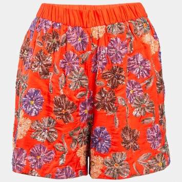 Pre Owned Maje Orange Floral Sequin Embroidered Crepe Izul Shorts L