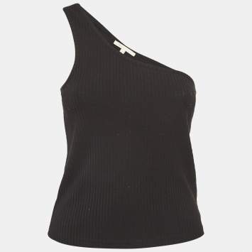 Pre Owned Maje Black Rib Knit One-Shoulder Cropped Top M