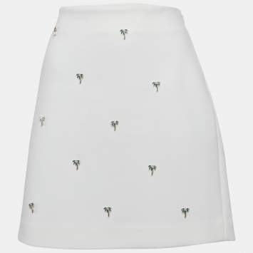 Pre Owned Maje White Crepe Palm Jewels Embroidered Crepe Pencil Skirt XL