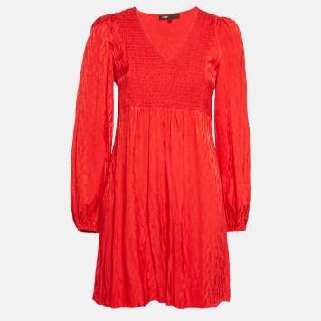Pre Owned Maje Red Jacquard Smocked Mini Dress M