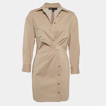 Pre Owned Maje Beige Wool Ruched Mini Shirt Dress S