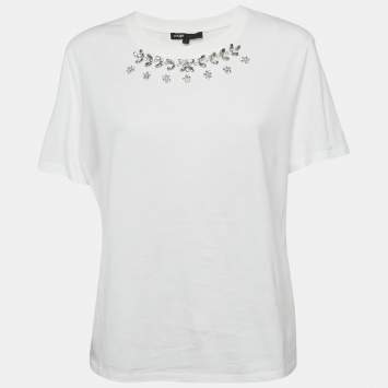 Pre Owned Maje White Studded Cotton Round Neck T-Shirt L