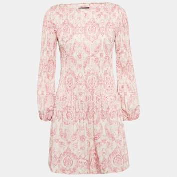 Pre Owned Maje White/Pink Paisley Print Crepe Pleated Mini Dress XS