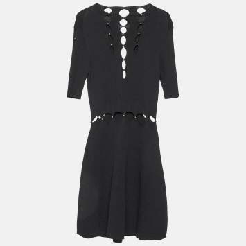 Pre Owned Maje Black Rib Knit Cut-Out Beaded Mini Dress M
