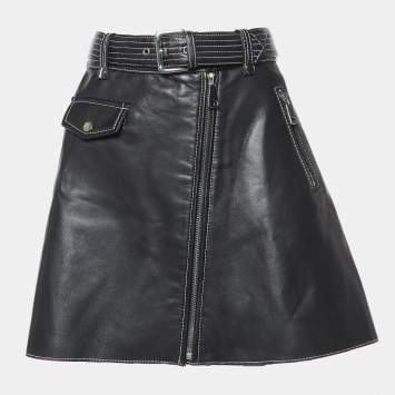 Pre Owned Maje Black Leather Zip-Up Belted Mini Skirt M