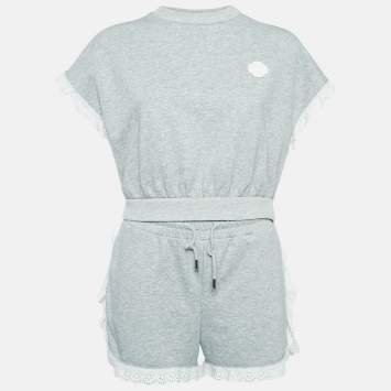 Pre Owned Maje Grey Cotton Knit Lace Trimmed Top and Shorts Set M