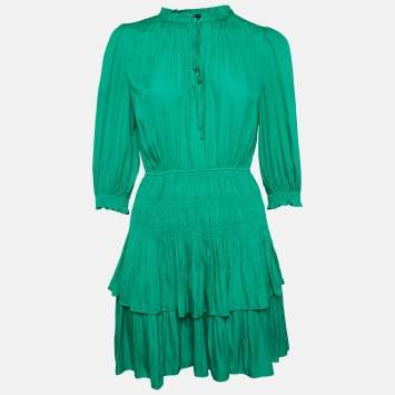 مملوكة مسبقًا Maje Green Crepe Elasticized and Ruffle Detail Mini Dress M