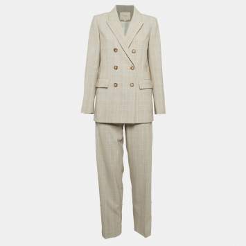 Pre Owned Maje Beige Glen Check Crepe Double Breasted Pants Suit L