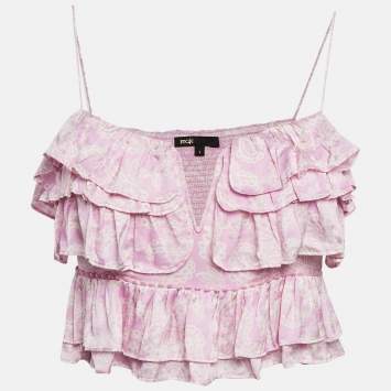Pre Owned Maje Pink Paisley Print Satin Ruffled Crop Top S