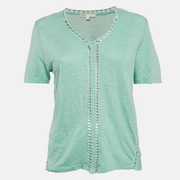 Pre Owned Maje Green Linen Knit Crochet Detail Top L