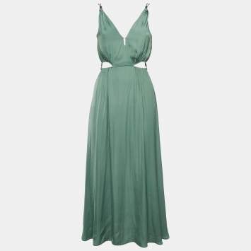 مملوكة مسبقًا Maje Green Crepe Cut-Out V-Neck Midi Dress XS