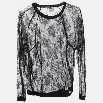 Pre Owned Maje Black Floral Lace Full Sleeve Top M