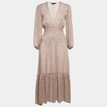 Pre Owned Maje Pink Printed Chiffon Shirring Detail Midi Dress S