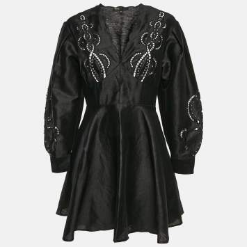 Pre Owned Maje Black Studded Linen Cut-Out Detail Mini Riclint Dress M