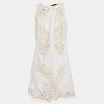 Pre Owned Maje White Embroidered Gabardine Cotton Cut-Out Detail Mini Dress XL