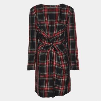 Pre Owned Maje Multicolor Check Fabric Draped Plaid Dress M