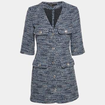 Pre Owned Maje Blue Lurex Tweed Button Front Mini Dress M