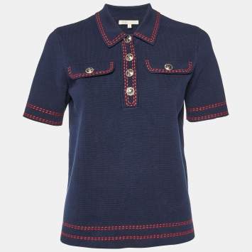 Pre Owned Maje Navy Blue Cotton Contrast Stitch Misla Polo Jumper M