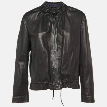 Pre Owned Maje Black Leather Ruched Biker Jacket L