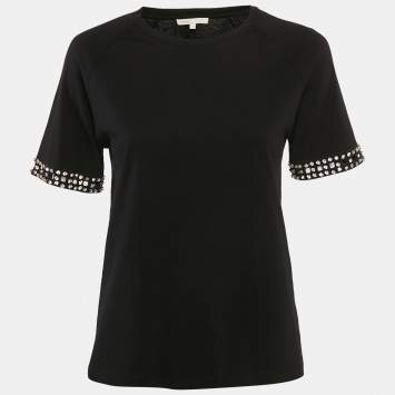 Pre Owned Maje Black Cotton Stud Detail Crew-Neck T-Shirt S