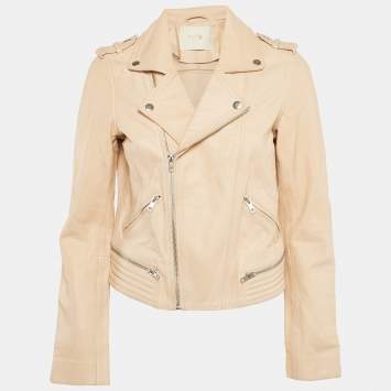 Pre Owned Maje Pink Nude Leather Zip-Up Biker Jacket M