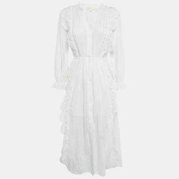 Pre Owned Maje White Lace Button Front Midi Dress S