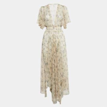 Pre Owned Maje Beige Floral Print Crepe V-Neck Asymmetric Maxi Dress M