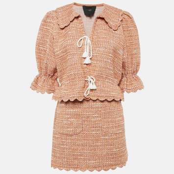 Pre Owned Maje Orange Tweed Tie-Up Jacket and Skirt Set S/M