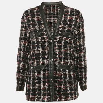 Pre Owned Maje Black Faux Leather Trim Tweed Jacket L