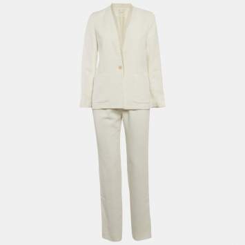 Pre Owned Maje White Crepe Leather Trim Detail Pants Suit S