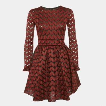 Pre Owned Maje Red Floral Embroidery Mesh Flared Mini Dress S