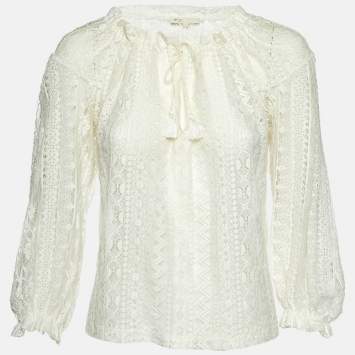 Pre Owned Maje White Lace Ruffled Sheer Blouse M