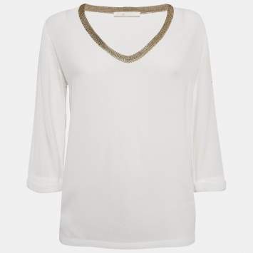 Pre Owned Maje White Stretch Crepe V-Neck Top M