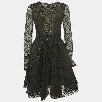 Pre Owned Maje Black Sequin Lace Round Neck Rapido Skater Dress S