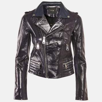 Pre Owned Maje Marine Blue Leather Zip-Up Basali Jacket S